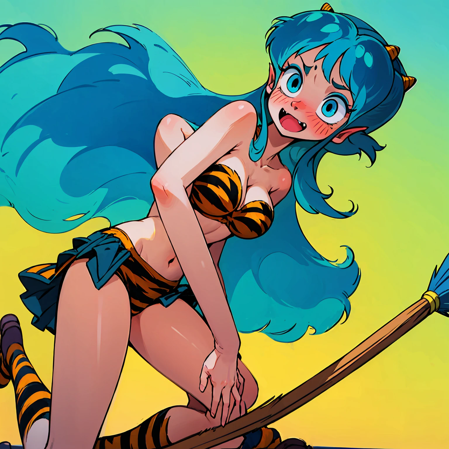 score_9, score_8_up, score_7_up, score_6_up, source_anime, lum, 1girl, solo, long hair, bangs, blue hair, blue eyes, horns, pointy ears, aqua hair, oni horns, eyeshadow, navel, cleavage, swimsuit, bikini, strapless, animal print, yellow bikini, tiger print, strapless bikini, horny, fang, embarrassed, blush, burst of laughter, humping broomstick, tiger-stripped thick broomstick, crotch rub to broomstick, perfect fingers, 5 fingers, perfect hands, crotch rub of big broomstick, skirt, (cameltoe:0.3), kneeling, close up pussy, from side, Expressiveh, fur rug on the floor,