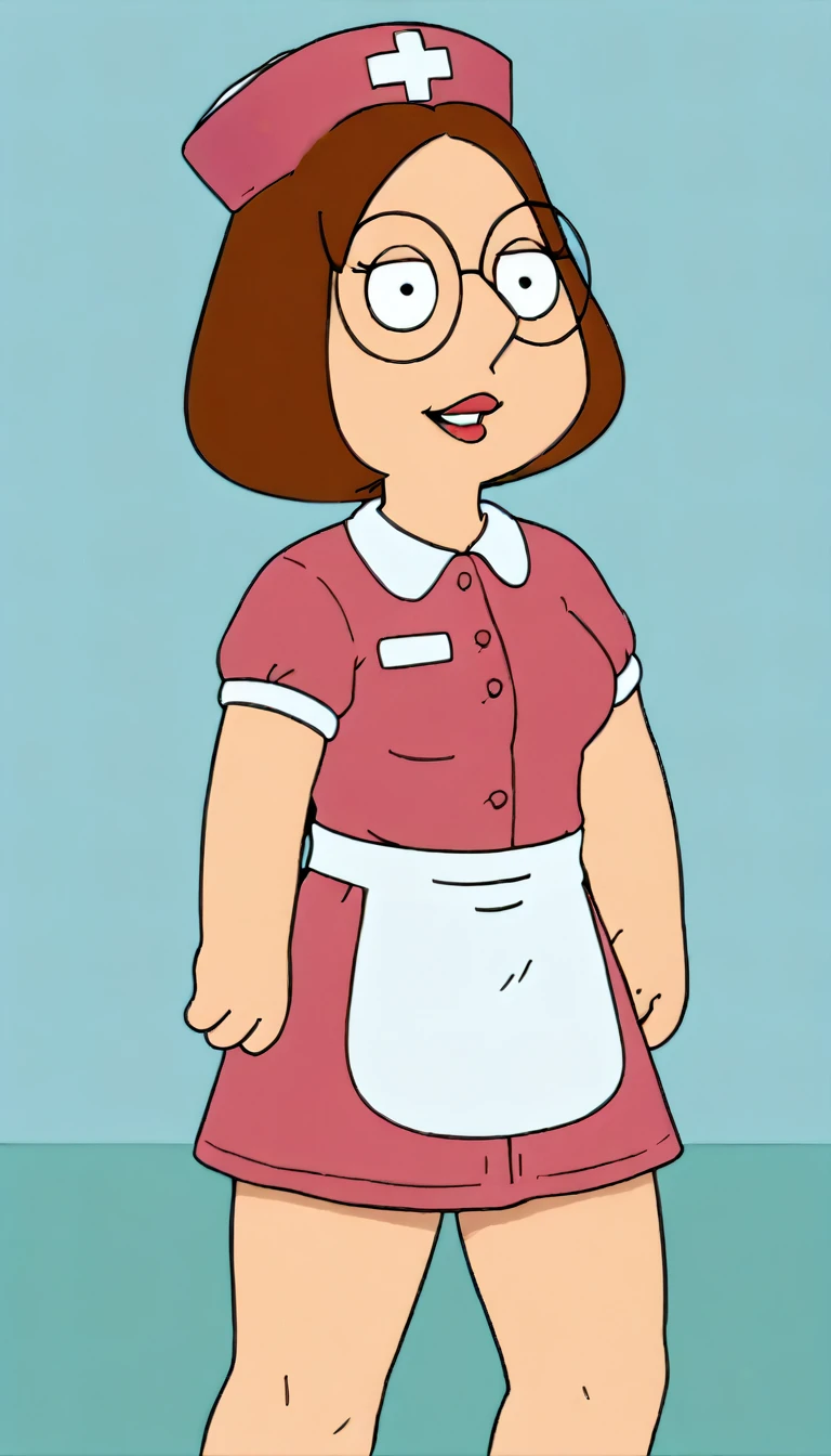 meg, (((1girl, solo, alone, short brown hair, glasses))), shortstack, flat color, looking at viewer, smile, parted lips,
pink dress, short sleeves, puffy sleeves, white apron, puffy short sleeves, white nurse cap, nurse, infirmary ,
sexy pose, dynamic pose, dynamic angle, cowboy shot,
indoor,