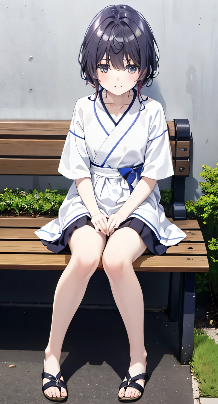 resolution, (Head to Toe full body), front, frontComposition from slightly below, Symmetric, Tall 18 year old girl, alone, (Head to Toe), (Small breasts), Black Hair, (), (Sit with your legs apart), (Crouching pose), ( (Sit on a bench with your legs spread), (M-shaped feet), Thin legs, Very beautiful tall 18 year old girl, , smile、 Looking into the camera, (I'm not wearing shoes)Long sleeve blouse、Shorts、sandals