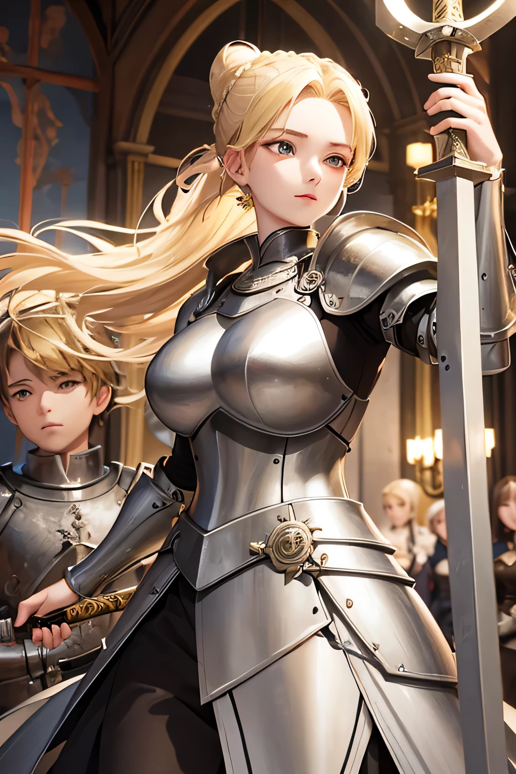 Beautiful 20 year old woman, (((blond updo))), holy knight, White Iron Armor、Swinging the Sword、battlefield