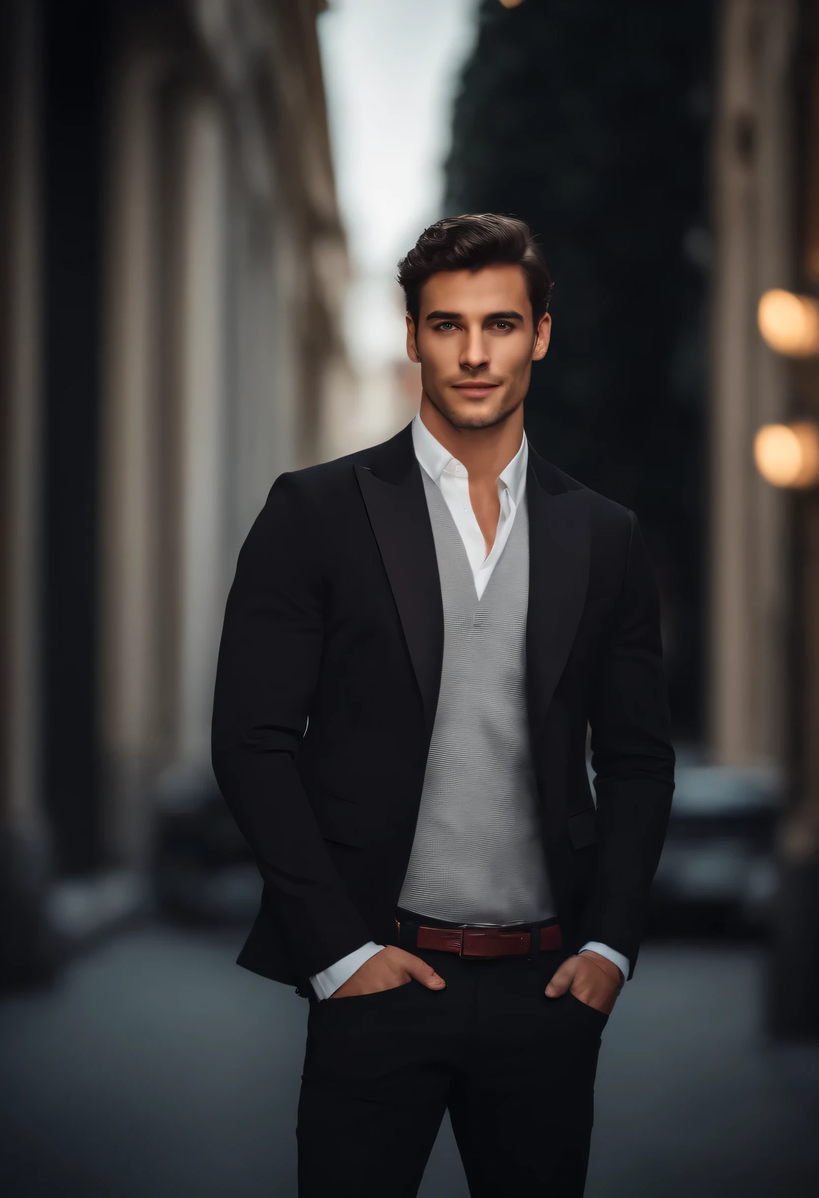 25 year old Italian man , short dark hair with fade, dark suit,confident expression,Sharp chin,vibrant skin,smiling,beautiful  face,standing pose,city scenery,Professional studio lighting,realisitic,for Ferrari, photorealisitic:1.37,portraits,bright coloured,tom legal,soft lighting