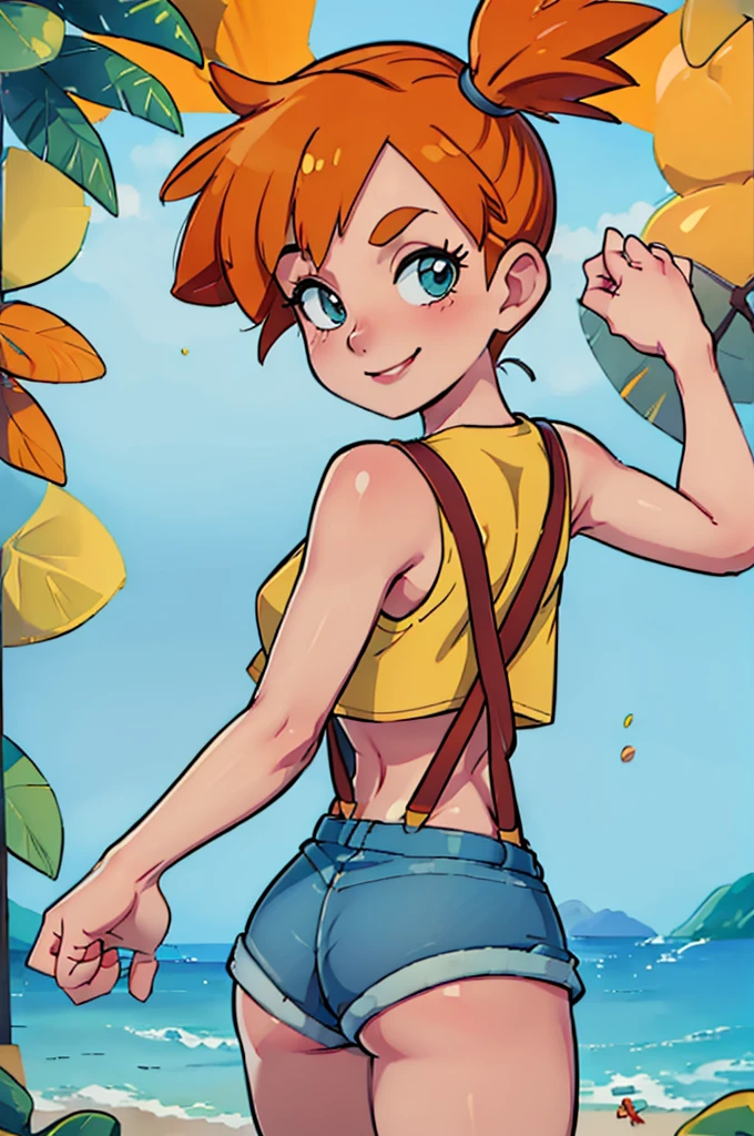((masterpiece,best quality)), absurdres,
Misty_Pokemon, yellow crop top, suspenders, side ponytail, orange hair, denim shorts,
solo, smiling, blushing, looking at viewer, cowboy shot, from behind,
cinematic composition, contrapposto,
tropical beach,