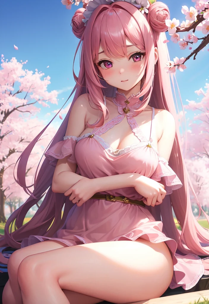 masterpiece, best quality, ultra detailed, 1 girl, solo, extremely detailed, amazing, fine detail, highly detailed woman, (extremely detailed eyes and face), solo_focus, ((pink chemise)), medium breast, multicolored hair, blush, shy, sitting, cherry blossom field, depth of field, from side, dreamy expression,