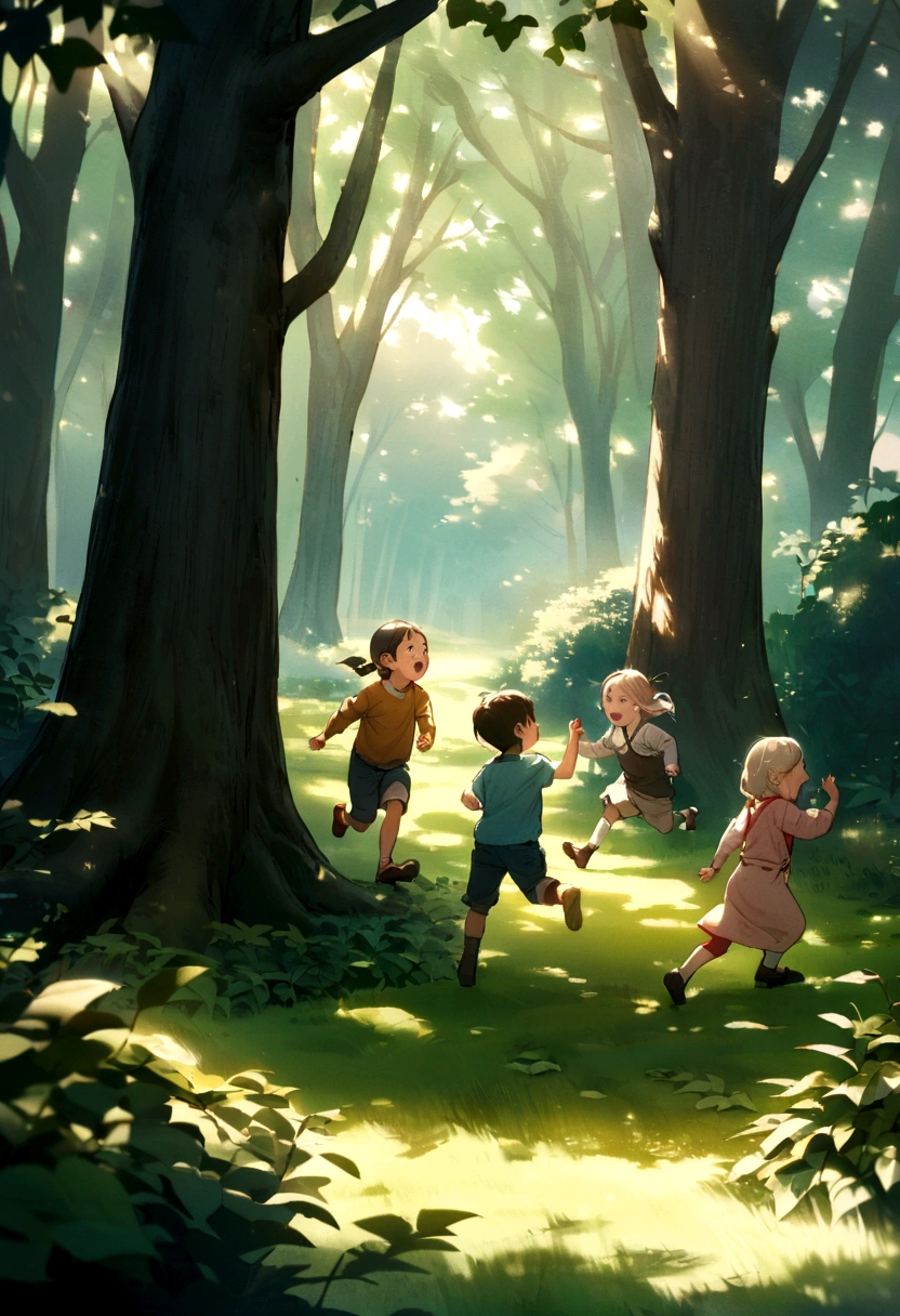 The image shows several children playing in a green forest. They are surrounded by tall, dense trees, with vibrant green leaves that filter sunlight, creating a peaceful and lively environment. The kids seem to be having a lot of fun, running across the lawn, climbing trees and exploring the surrounding nature. The ground is covered in a carpet of leaves and small bushes., contributing to the feeling of a natural and welcoming environment. Some children may be laughing or talking to each other, capturing the joyful and adventurous spirit of outdoor play.