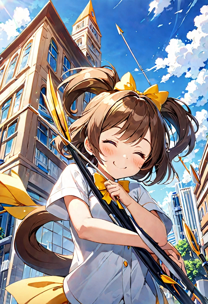 1 girl, alone, broad, blush, SMILE, Brown hair, bow, two tails, Closed eyes, weapon, short sleeves, hair bow, sky, day, blue sky, building, in front of the viewer, yellow bow, bow (weapon), ARROW (projectile)