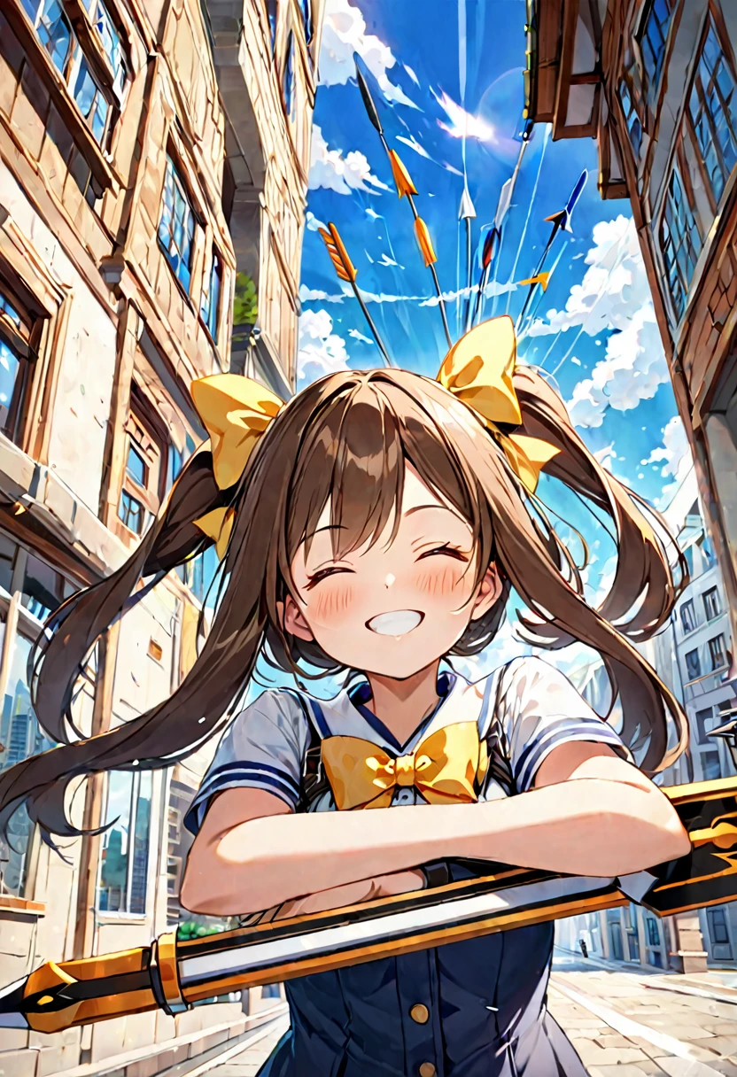 1 girl, alone, broad, blush, SMILE, Brown hair, bow, two tails, Closed eyes, weapon, short sleeves, hair bow, sky, day, blue sky, building, in front of the viewer, yellow bow, bow (weapon), ARROW (projectile)