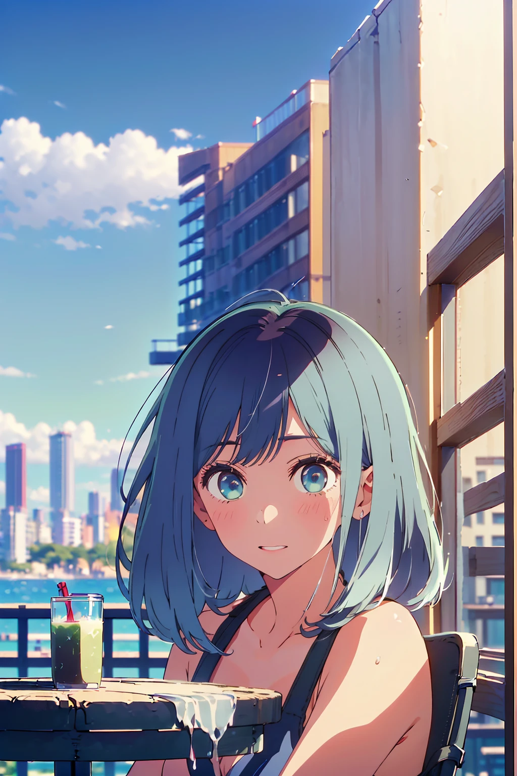 (Highest quality:1.4、masterpiece:1.4、Super detailed:1.4、8K:1.4)、F cup bust、Big Breasts、Slim body、((((1 person、Surprised expression、sit、Chair、In the background are the urban buildings of Tokyo、looking at the camera、Outdoor café terrace、coastal、Navy hair color、juice、Shooting very far away、table、Very cute face))))、(Pose of putting hair behind ears with hands:1.4）、((nude、Areola、bikini size too small))、Very blue sky、A completely cloudless sky、Big eyes、((((Shallow depth of field))))