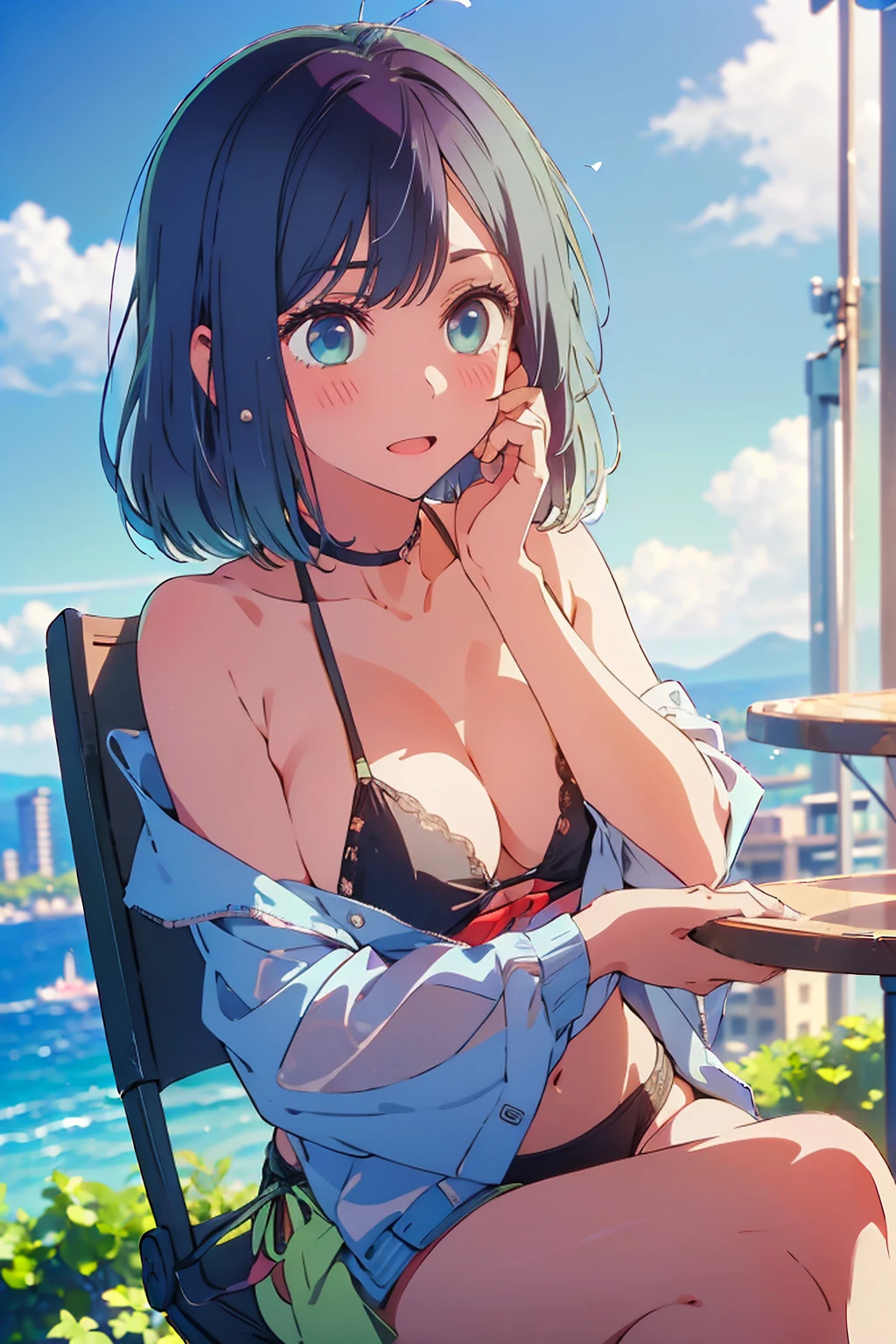(Highest quality:1.4、masterpiece:1.4、Super detailed:1.4、8K:1.4)、F cup bust、Big Breasts、Slim body、((((1 person、Surprised expression、sit、Chair、In the background are the urban buildings of Tokyo、looking at the camera、Outdoor café terrace、coastal、Navy hair color、juice、Shooting very far away、table、Very cute face))))、(Pose of putting hair behind ears with hands:1.4)、((nude、Areola、bikini size too small))、Very blue sky、A completely cloudless sky、Big eyes、((((Shallow depth of field))))