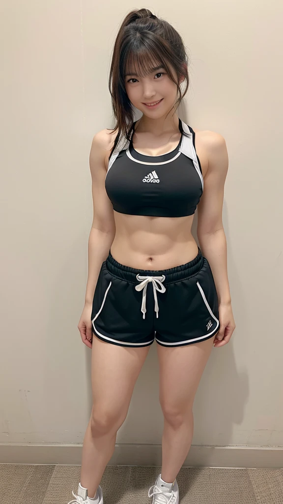 (Surreal), ((Detailed full body)), ((You can see even the shoes)), ((After school classes:1.2)), (High resolution), (8K quality), (Very detailed), (Best illustrations), (Beautiful and fine details), (Highest quality), (Ultra-detailed), (masterpiece), (wallpaper), (Detailed face), ((Plump body))、18 year old student、Light brown fringe short hair、drooping eyes,Laughter、solo,Sexy sports bra and shorts, sneakers, Japanese, High school girl, Large Breasts, Trained abdominal muscles