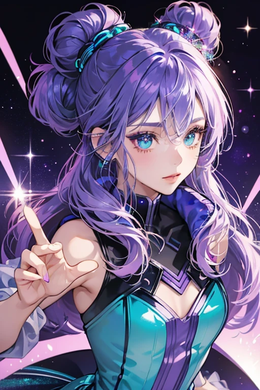She is a metallic blue and purple color. Her hair is sparkly and teal in a space bun. Her eyes are indigo. And she has sparkly pink, purple, and blue eye shadow. Her hooves are sparkly purple. She is wearing galaxy head phones, and a pink suit with a galaxy skirt. She is just really freakin sparkly. SPARKLE; GLITTER