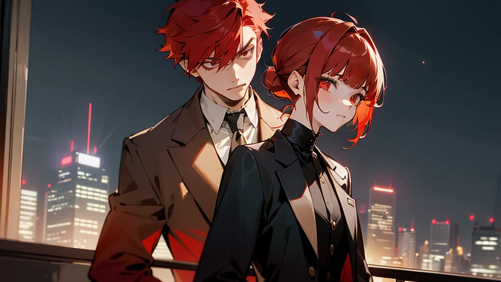 masterpiece, detailed, ( 1 girl and 1 man focus ) , girl and gang male at an night modern cityscape , ( 1 girl and 1 gang male:1.3 ) , red hair male, ( male with red hairstyle:1.3 ) , ( beige hair girl:1.3 ) , chignon hairstyle girl, ( girl with single chignon hairstyle:1.3 ), messy blunt bangs male , girl with blunt bangs , wearing black suit , deep-red eye , ( male face:1.3 ) , (( The background of the night modern cityscape )) , ( midnight ) , side by side , neon , building , moonlight