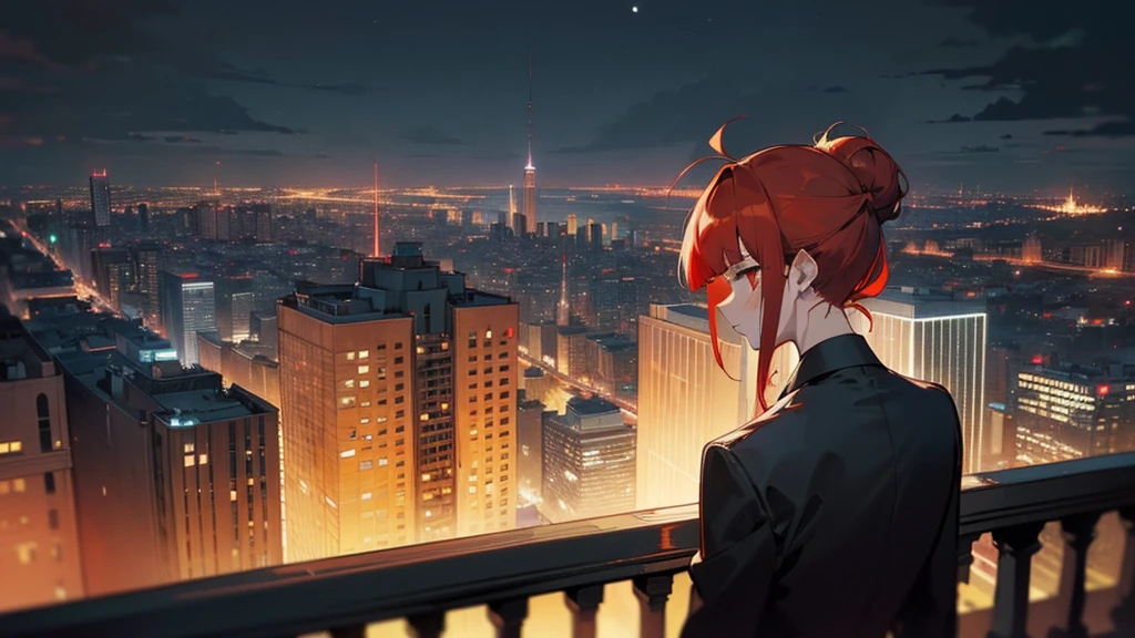 masterpiece, detailed, ( 1 girl and 1 man focus ) , girl and gang male at an night modern cityscape , ( 1 girl and 1 gang male:1.3 ) , red hair male, ( male with red hairstyle:1.3 ) , ( beige hair girl:1.3 ) , chignon hairstyle girl, ( girl with single chignon hairstyle:1.3 ), messy blunt bangs male , girl with blunt bangs , wearing black suit , deep-red eye , ( male face:1.3 ) , (( The background of the night modern cityscape )) , ( midnight ) , side by side , neon , building , moonlight