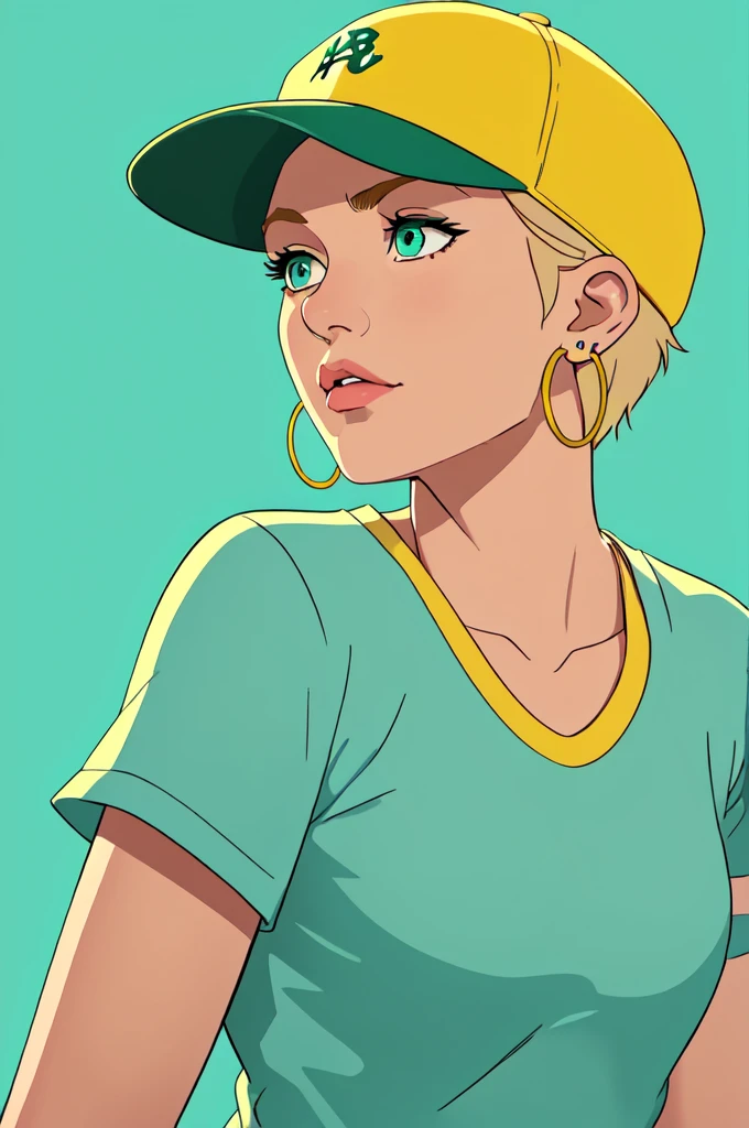 masterpiece, best quality, 1 Girl, Aqua eyes, Baseball cap, Blonde hair, Shut up, earrings, Green Background, have, hoop earrings, Jewelry, Looking at the audience, shirt, short hair, Simple background, Solitary, Upper Body, yellow shirt,
