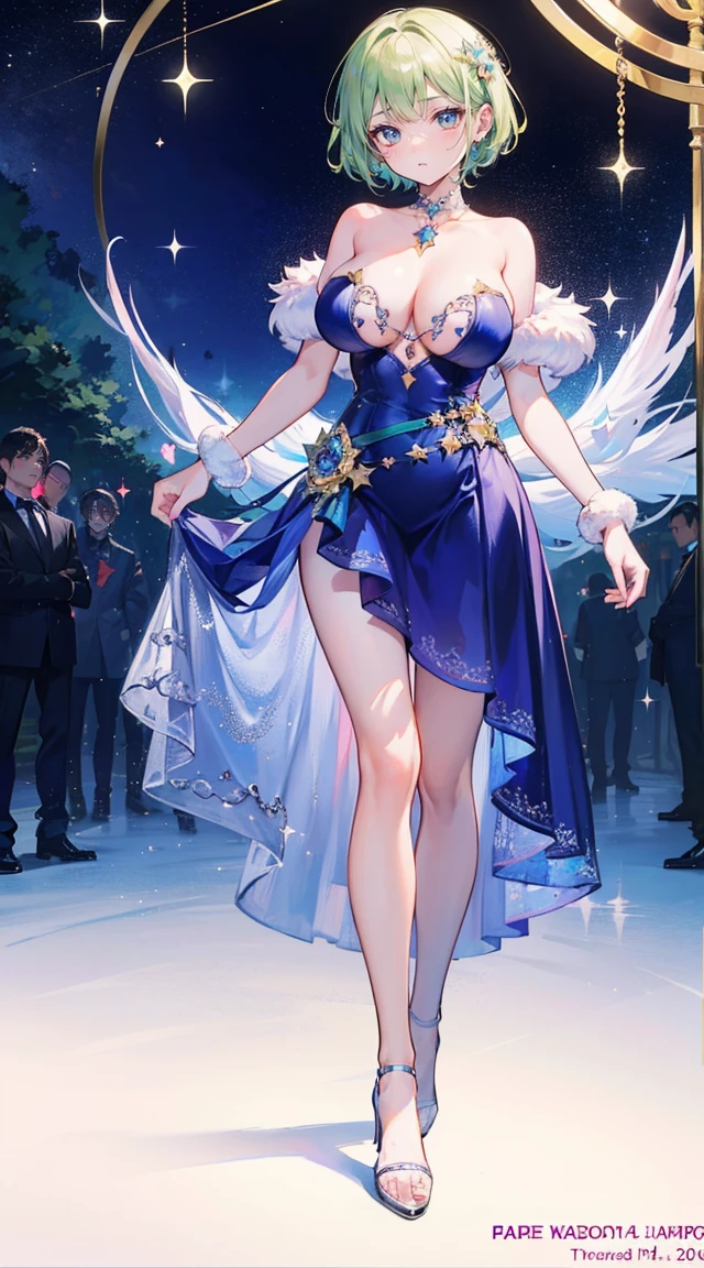 beautiful woman,smile,(light green short hair),nobility,(princess),blue student,Tall figure,((Strapless dress)),low skirt,(Star evening dress),ta skirt,Show your legs,Crystal heels,red carpet,prom website,(nobility),(titsใหญ่),((fluffy fur)),(2 young women ,beautiful woman),(20 year old girl),big breasts,Big tits,tits,rift, visible chest, Show your breasts, open chest,((bare breast:1.37)), ฉันเห็นtitsโป่งพ,(large areolae:1.4,pink,titsมองเห็นได้ชัดเจน..)