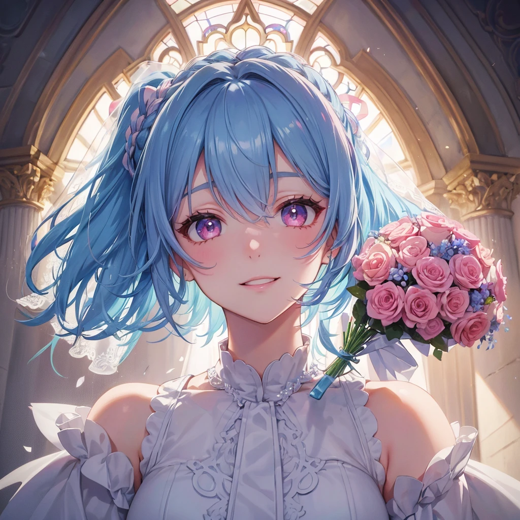 Sky blue hair, (Braided Ponytail),(Pink Eyes),Fair skin ,(whole body),(One girl),bride,A big smile,Straight bangs, 6月のbride,Wedding dress,(masterpiece, Highest quality, Very detailed, Best Shadow), (Detailed Background), (Beautifully detailed face), High Contrast, (Best lighting, Very delicate and beautiful), ((Cinematic Light)), colorful, Hyper Detail, Dramatic Light, Intricate details,Chapel background,Bouquet of roses