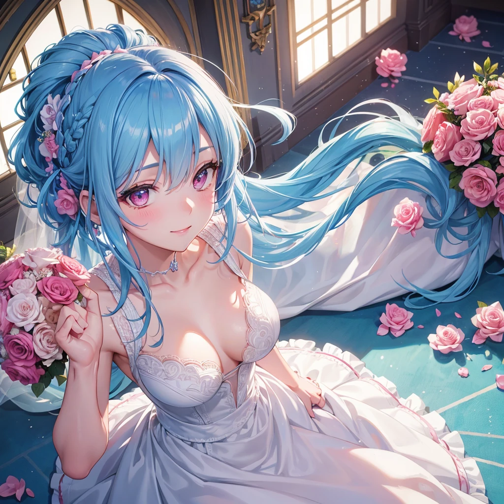 Sky blue hair, (Braided Ponytail),(Pink Eyes),Fair skin ,(whole body),(One girl),bride,A big smile,Straight bangs, 6月のbride,Wedding dress,(masterpiece, Highest quality, Very detailed, Best Shadow), (Detailed Background), (Beautifully detailed face), High Contrast, (Best lighting, Very delicate and beautiful), ((Cinematic Light)), colorful, Hyper Detail, Dramatic Light, Intricate details,Chapel background,Bouquet of roses