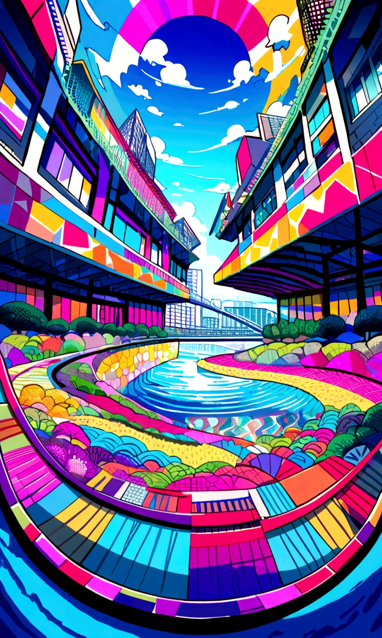 poster design, (SFW), Modern Architecture, In the background is a river separating the city and the countryside, High-speed rail is integrated into it, perfect quality, Colorful, Intricate details, Ultra low viewing angle, Wide-angle lens