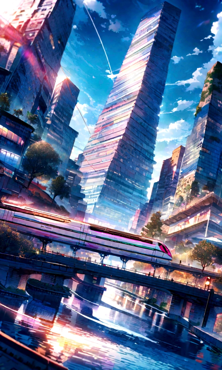 poster design, (SFW), Modern Architecture, In the background is a river separating the city and the countryside, High-speed rail is integrated into it, perfect quality, Colorful, Intricate details, Ultra low viewing angle, Wide-angle lens