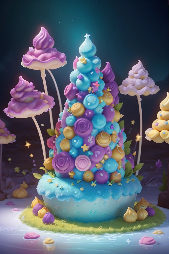 (Electronic games_style), (Clear focus:1.2), ((Crystal Puff )), (Moody Lightning:1.2), Soft grey light, Depth of Field, Bokeh, 4K, Human Development Report,, Beautiful cream puffs glowing in the ethereal light of studio lighting, Lights reflect shadows on purple aquamarine decorated with cream puffs, Ambient light reflection, Interweaving of light and shadow,Highlight the natural beauty of puffs,, (The shape is as smooth and curved as velvet:1.2), (High contrast captures changes in light and shadow), night, Peaceful and grateful atmosphere, Artistic Heart, Magical atmosphere, The moonlight casts a beam of light on the landscape made of desserts, Award-winning art,, Desolate Space, Fantasy food landscape, Detail color is purple, Magical atmosphere, Fairytale-like, Landscape made of candies decorated with white powdered sugar and cream, DonMC4ndyL4nd Small lake made of chocolate cream ChocolateWetStyle, A land flowing with milk and honey, A fantastic landscape made of candy and ice cubes: Lake made of strawberry milk, Small pieces of vanilla chocolate swimming in it, , , The strawberry milk lake is surrounded by colorful macarons and pastry sticks., , , Landscape made of mint ice cream, , , In the background is the Caramel Cream Falls flowing into Strawberry Lake, , , powdered sugar blows in the wind and covers the A land flowing with milk and honey, , , The atmosphere was magical, Sweet as a fairy tale,