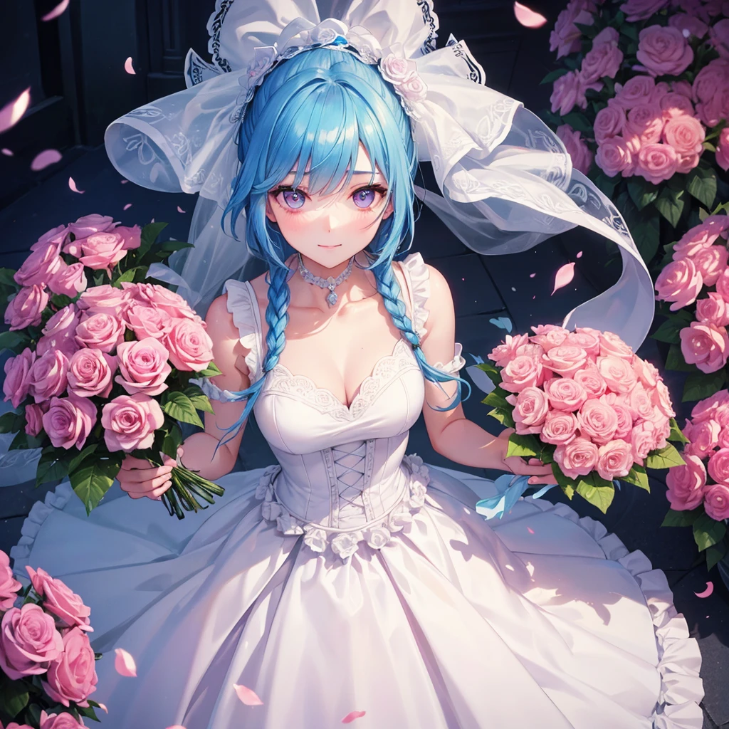 Sky blue hair, (Braided Ponytail),(Pink Eyes),Fair skin ,(whole body),(One girl),bride,A big smile,Straight bangs, 6月のbride,Wedding dress,(masterpiece, Highest quality, Very detailed, Best Shadow), (Detailed Background), (Beautifully detailed face), High Contrast, (Best lighting, Very delicate and beautiful), ((Cinematic Light)), colorful, Hyper Detail, Dramatic Light, Intricate details,Chapel background,Bouquet of roses