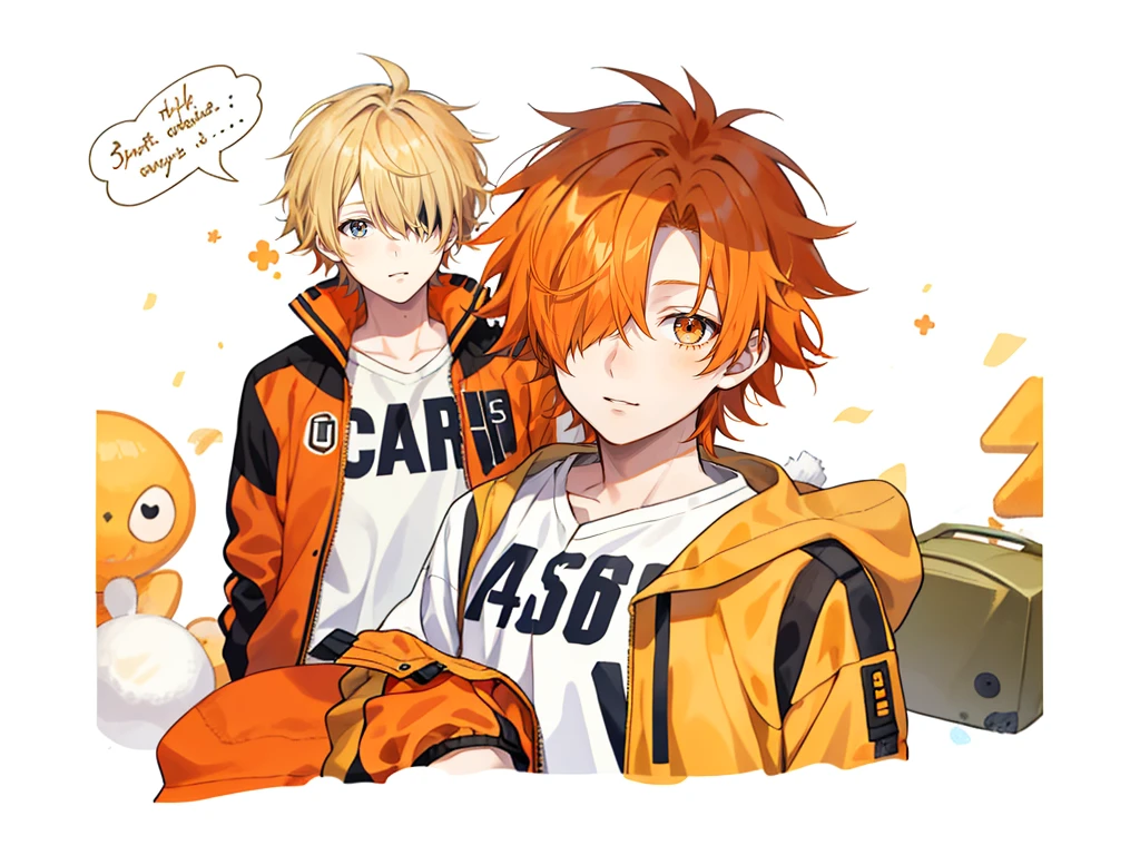 1 boy, 24 years old, messy hair, orange hair, medium hair, jacket, 1 girl, 24 years old, hair over one eye, blonde hair, very long hair,