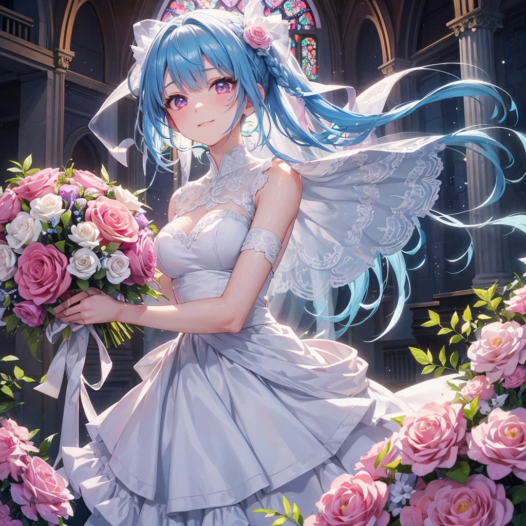 Sky blue hair, (Braided Ponytail),(Pink Eyes),Fair skin ,(whole body),(One girl),bride,A big smile,Straight bangs, 6月のbride,Wedding dress,(masterpiece, Highest quality, Very detailed, Best Shadow), (Detailed Background), (Beautifully detailed face), High Contrast, (Best lighting, Very delicate and beautiful), ((Cinematic Light)), colorful, Hyper Detail, Dramatic Light, Intricate details,Chapel background,Bouquet of roses