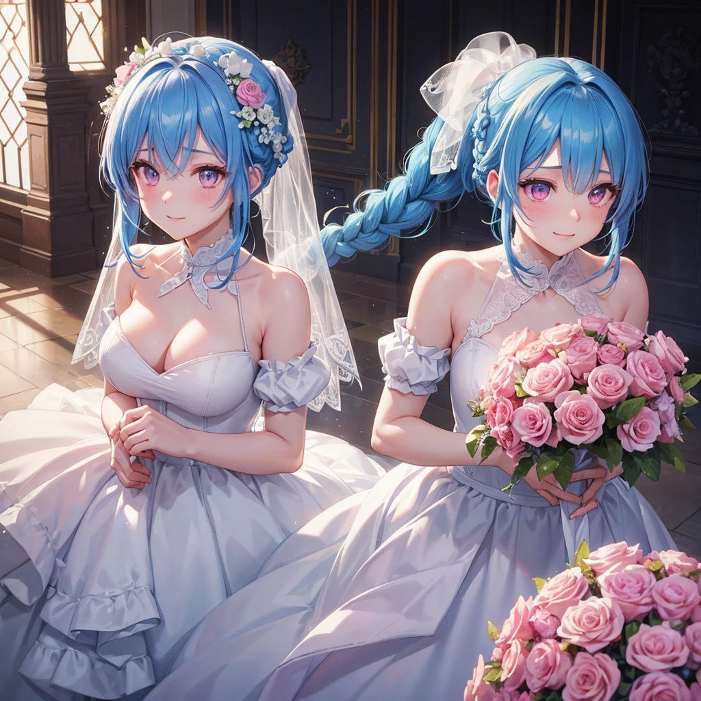 Sky blue hair, (Braided Ponytail),(Pink Eyes),Fair skin ,(whole body),(One girl),bride,A big smile,Straight bangs, 6月のbride,Wedding dress,(masterpiece, Highest quality, Very detailed, Best Shadow), (Detailed Background), (Beautifully detailed face), High Contrast, (Best lighting, Very delicate and beautiful), ((Cinematic Light)), colorful, Hyper Detail, Dramatic Light, Intricate details,Chapel background,Bouquet of roses