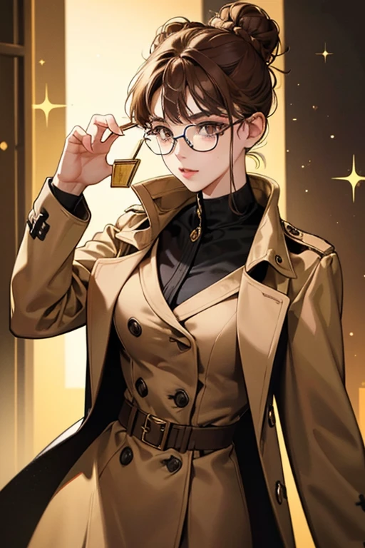 Boss Pooch is a beige with dark brown ears. She has glitter brown hair in a big bun. She has brown eyes and dark black cat-eye glasses which are tinted black. She has a gold trench coat with a black belt. SPARKLE; GLITTER