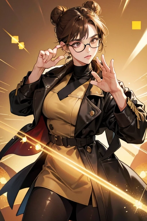 Boss Pooch is a beige with dark brown ears. She has glitter brown hair in a big bun. She has brown eyes and dark black cat-eye glasses which are tinted black. She has a gold trench coat with a black belt. SPARKLE; GLITTER
