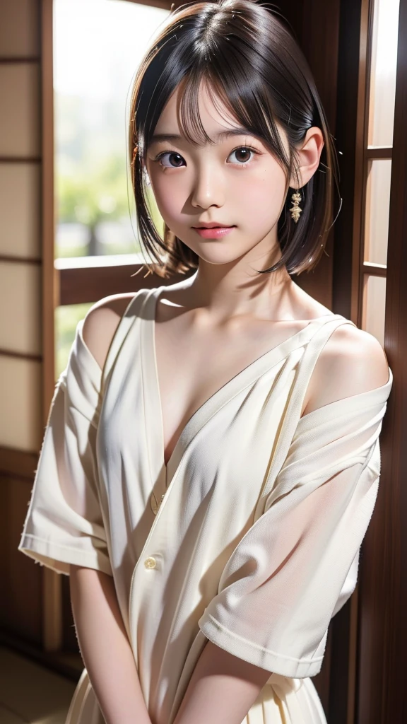 , (japanese Famous idol:1.4) (1cute girl:1.4) (very young face:1.4) best quality, face focus, soft light, ultra high res, (photorealistic:1.4), RAW photo, 1japanese girl, solo, cute, (pupil, lights in the eyes), detailed cute face, (small chest),(high resolution detail of human skin texture), Damask Shirt Dress, (portrait)