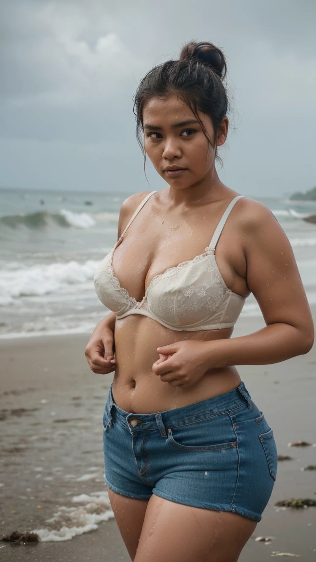 photography of Indonesian women wearing bra and use short jeans,big brast, curvy, chubby, hairbun, he was in the rain, all his body hair was wet,beach background (masterpiece), best quality, expressive eyes, perfect face