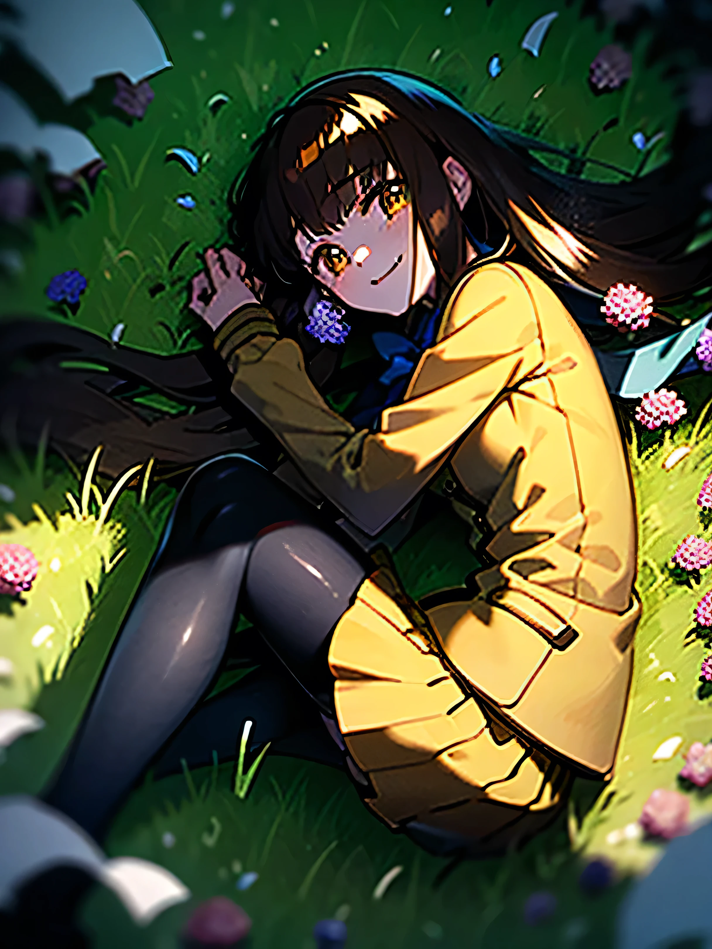 absurdres, uhd, best quality, CG, HDR, 1girl, hmkh1, loraeyes, brown eyes, brown hair, long hair, blue bowtie, blue bow, brown mini skirt, pleated skirt, brown jacket, ((black pantyhose)), smile, looking at viewer, (((in a field of flowers, laying in grass, fetal position))), garden, daytime, from above 