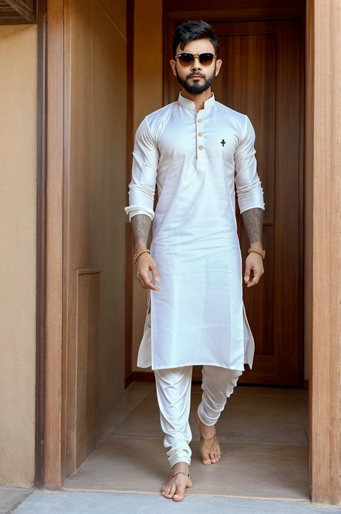 Generate virat kohli in kurta pajama with sunglasses and wear juti in his foot