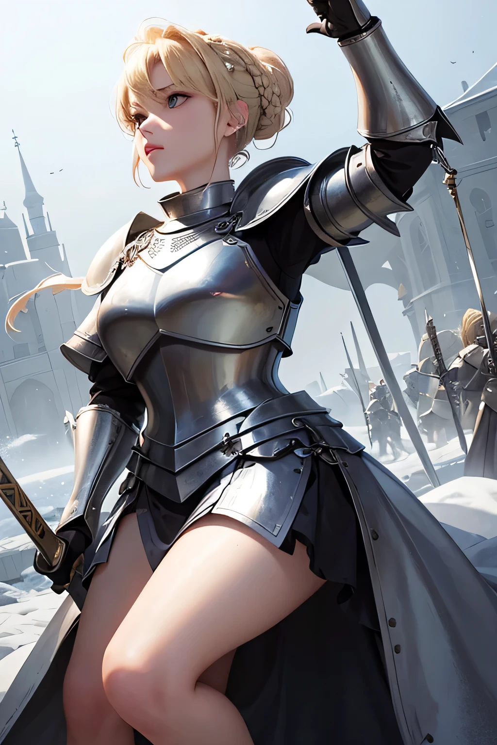 Beautiful 20 year old woman, (((blond updo))), holy knight, White Iron Armor、Swinging the Sword、battlefield