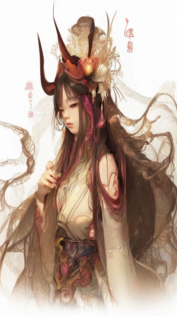 (masterpiece, Highest quality, Highest quality, Official Art, beautifully、aesthetic:1.2), (One girl:1.3), Very detailed,(Fractal Art:1.2),colorful,Most detailed,(Tangled:1.2), (Dynamic pose), (抽象的なbackground:1.5), (Traditional Costume:1.2), (Shiny skin), (Many colors:1.4), Upper Body,background(Abandoned shrines in Japan),(backgroundは少し暗く),The subject is based on img2img