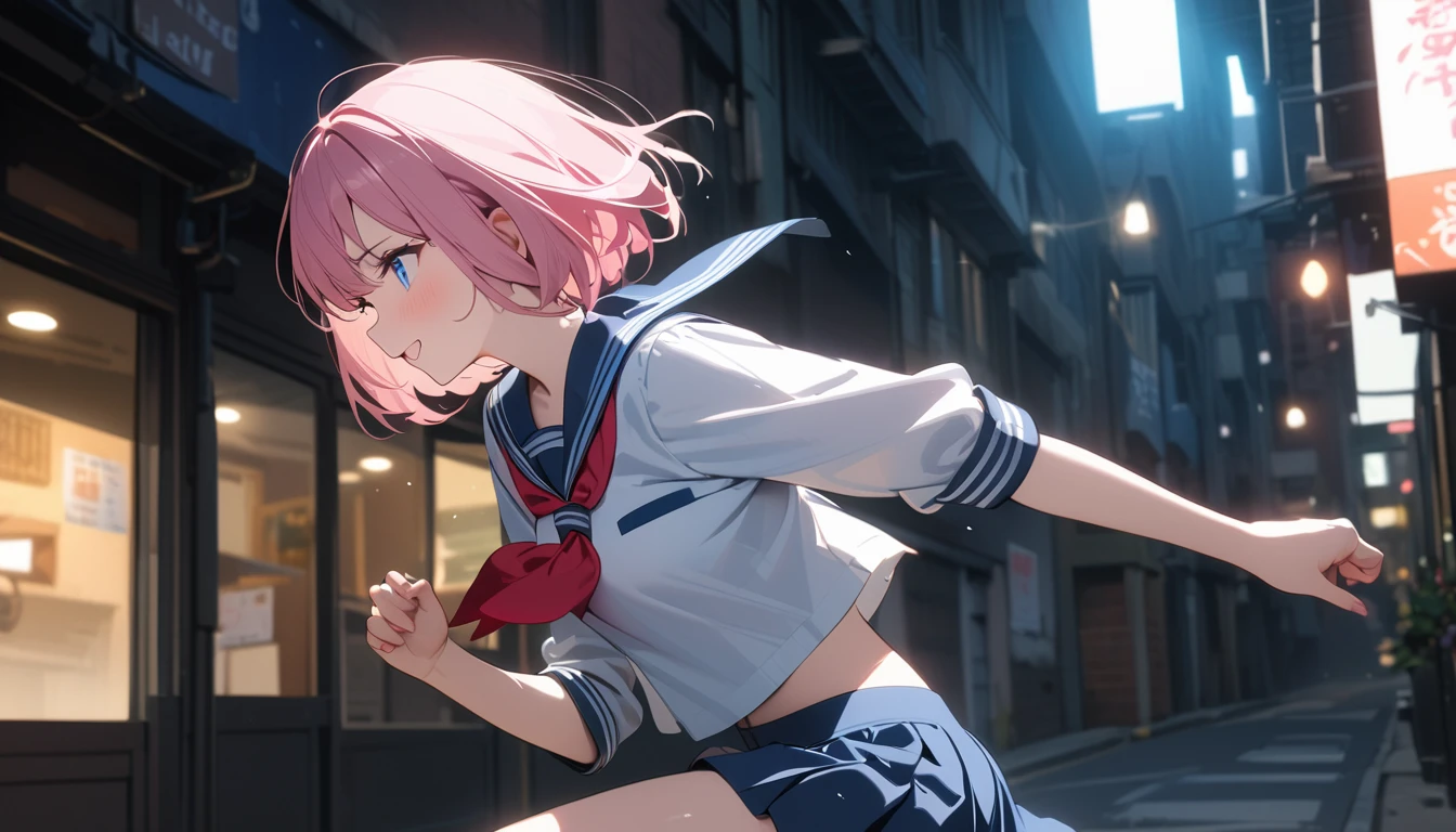 (1 girl),(Fit Body:1.1),(glistening skin:1.1),(pale skin:1.1),(Best Picture Quality, 8K, Masterpiece:1.3),(high school student:1.5), (pink medium hair), (bob cut), (slant skyblue eyes), (looking ahead:1.3), ((from side:1.3)),(city alley Setting), Professional Lighting, Very Detailed Skin And Hair, (running:1.3), (serafuku:1.3), beguiling expression, (super clear:1.5),