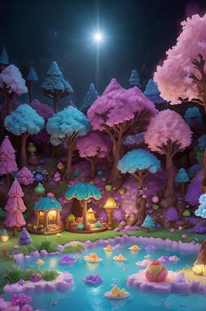 (((Electronic games_style))), (Clear focus:1.2), ((Crystal Puff )), (Moody Lightning:1.2), Soft grey light, Depth of Field, Bokeh, 4K, Human Development Report,, Pink Cake，Beautiful cream puffs glowing in the ethereal light of studio lighting, Lights reflect shadows on purple aquamarine decorated with cream puffs, Ambient light reflection, Interweaving of light and shadow，Highlight the natural beauty of puffs,, (The shape is as smooth and curved as velvet:1.2), (High contrast captures changes in light and shadow), night, Peaceful and grateful atmosphere, Artistic Heart, Magical atmosphere, The moonlight casts a beam of light on the landscape made of desserts, Award-winning art,, Desolate Space, Fantasy food landscape, Detail color is purple, Magical atmosphere, Fairytale-like, Landscape made of candies decorated with white powdered sugar and cream, DonMC4ndyL4nd Small lake made of chocolate cream ChocolateWetStyle, A land flowing with milk and honey, A fantastic landscape made of candy and ice cubes: Lake made of strawberry milk, Small pieces of vanilla chocolate swimming in it, , , The strawberry milk lake is surrounded by colorful macarons and pastry sticks., , , Landscape made of mint ice cream, , , In the background is the Caramel Cream Falls flowing into Strawberry Lake, , , powdered sugar blows in the wind and covers the A land flowing with milk and honey, , , The atmosphere was magical, Sweet as a fairy tale,