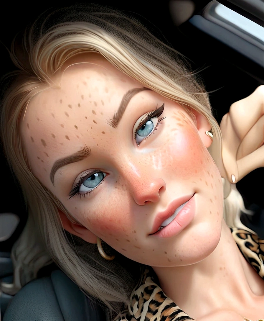 blond woman with blue eyes and a leopard print shirt sitting in a car, very light freckles, freckled face, light freckles, chilled out smirk on face, perfectly lit face, sparse freckles, 3 0 years old woman, 30 years old woman, glowing skin face, daniela uhlig, inspired by Károly Lotz, genevieve o'reilly