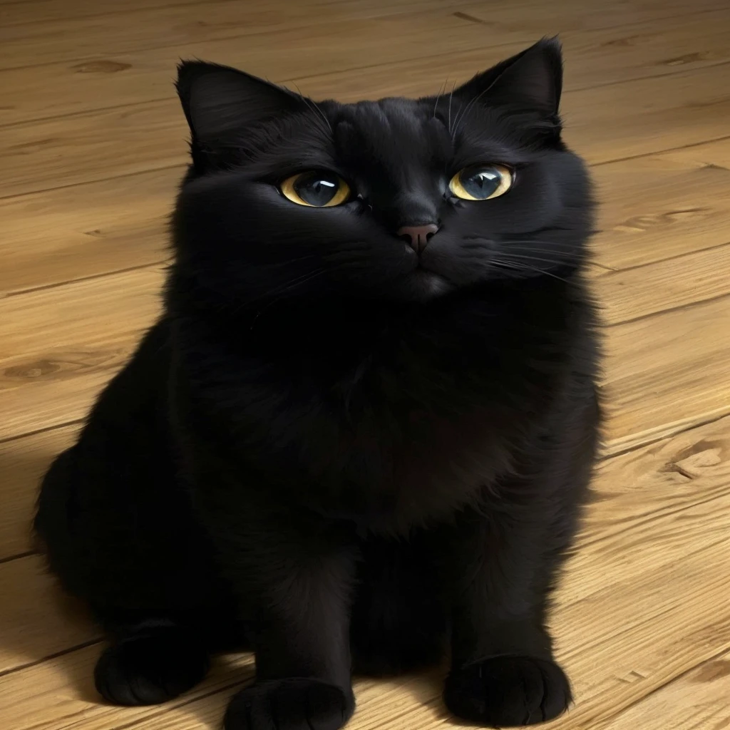 Cat sitting on the floor looking at the camera with wide eyes, cat black, grandes olhos negros, black base, she has yellow eyes!!!, entirely large - black eyes, big black eyes, cat black, it has a piercing gaze, cat black taking a selfie, a gorgeous