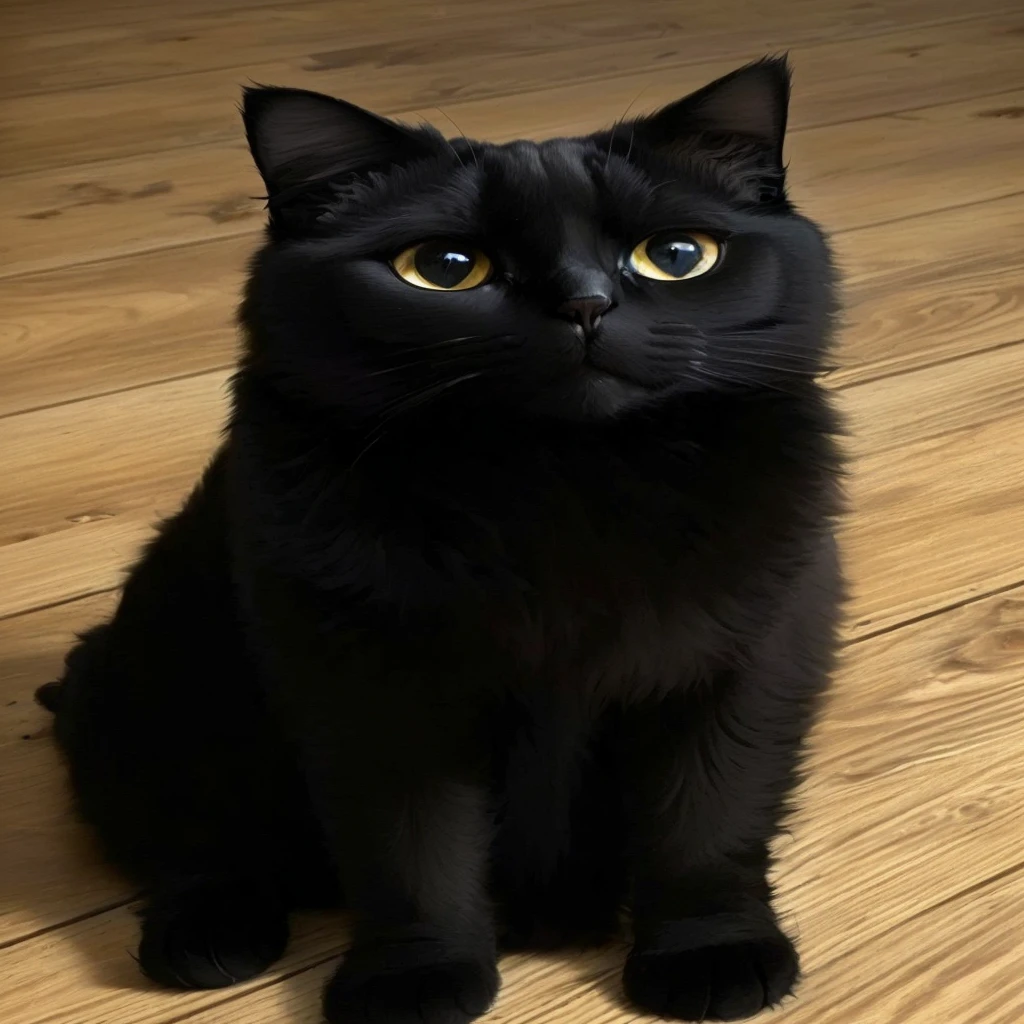 Cat sitting on the floor looking at the camera with wide eyes, cat black, grandes olhos negros, black base, she has yellow eyes!!!, entirely large - black eyes, big black eyes, cat black, it has a piercing gaze, cat black taking a selfie, a gorgeous