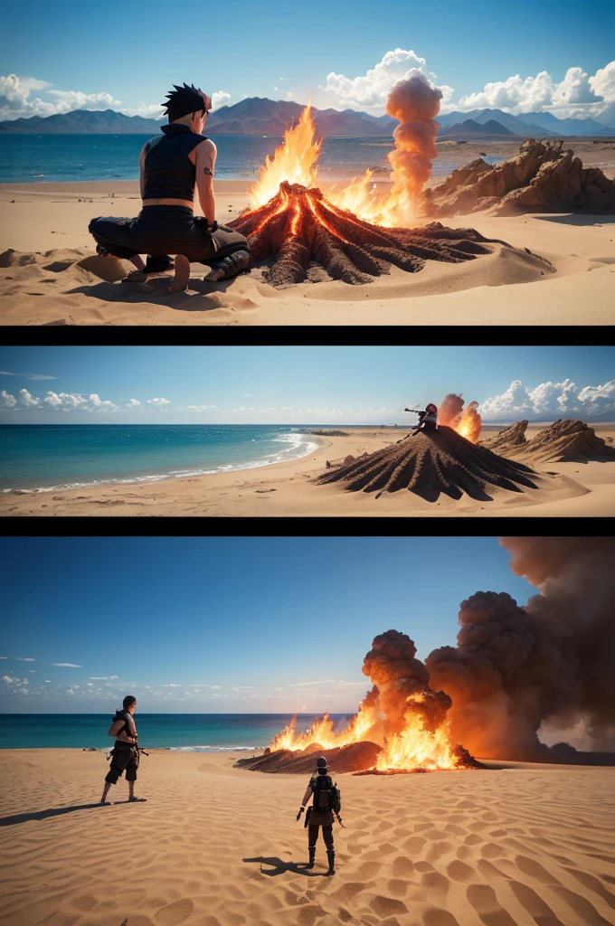 realistic photo , Naruto vs Sasuke , desert island , on fire