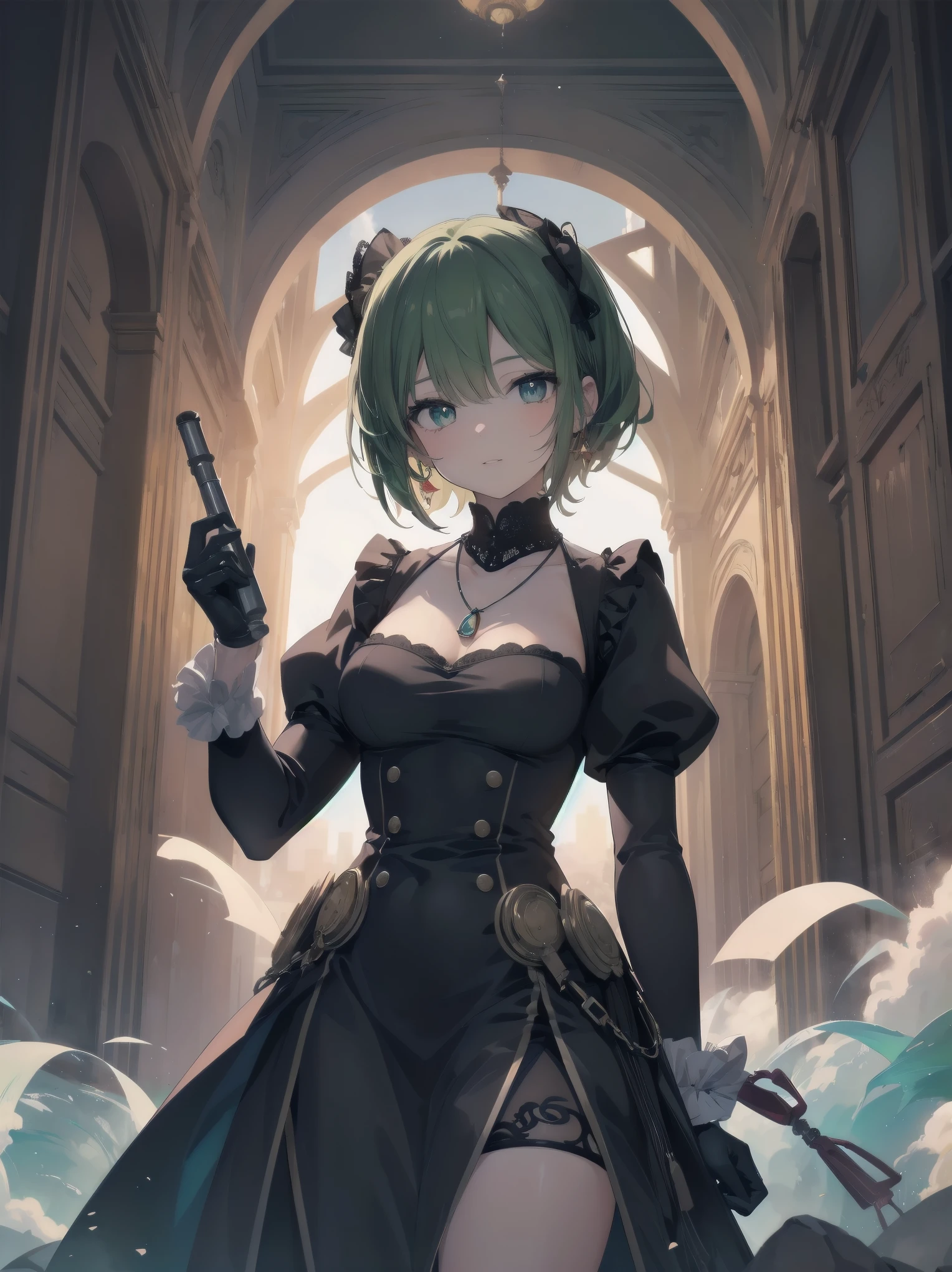 (Masterpiece:1.2), (Top quality: 1.2), Super high resolution, Very detailed,.
BREAK.
, ((Anime girl standing with happiness in her hands)), Crazy girl, (1,Lolita,Boyish, , 12 years old: 1.3), Light smile, , Girl looking like a boy, Bob-cut hair, Shaggy hair, Very large breasts, nubile, slender body, overflowing with soft fat mass. Small hips, Vertically large eyes, Fine and beautiful eyes, Well-proportioned irises and pupils, Expressive eyes, Beautifully detailed lips, High resolution detailed hair, Perfect eyes, Perfect face, Super dense skin, Full fingers, Perfect lighting,.
BREAK,.
((light green necklace)), ((black and red fine dress: 1.3)), light green tie, shining sapphire, lady, wearing white gloves,.
BREAK.
, (Steampunk), Castle balcony, Skyscraper, Night view, Equipment, Ancient ruins, Tradition, Overwhelming, Magnificent, Steam, Pipes, (Steam spewing out from pipes:1.2), Fantasy, Victorian other world, Early 19th century, Road, trees, clouds, night sky, shading, effects, detail. Masterpiece background,
BREAK.
((Positive: 1.3)),.
BREAK.
, digital animated art, cartoon-style illustrations, cartoon illustrations