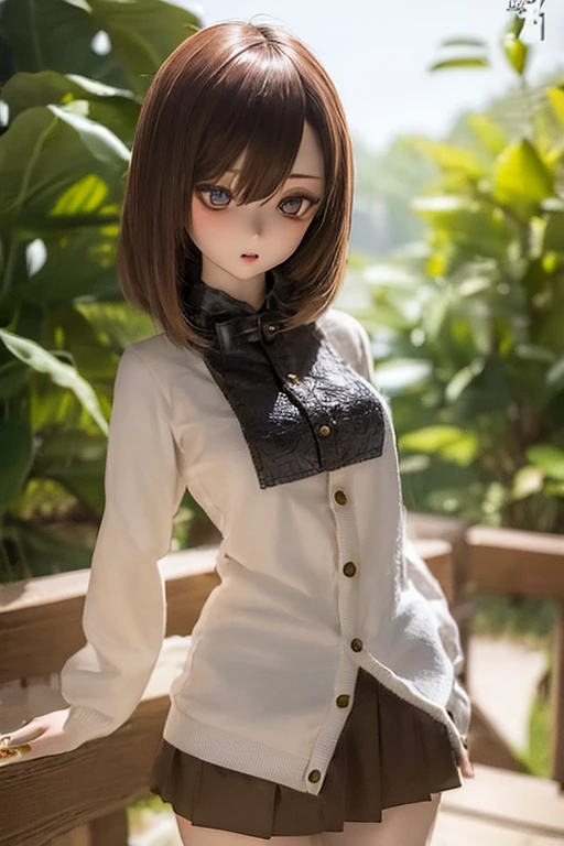 (SFW:2), photorealistic, realistic photo, ((highest quality)), ((masterpiece)), ((extremely detailed)), kukolnydom, doll, (mature woman, 21yo, 21 years old:1.6), solo, ((cowboy shot, dynamic pose, skinny, slender, slim)), green eyes, parted lips, (brown hair, looking at another, blank eyes, empty eyes, detailed eyes, detailed face:1.3), cardigan, blouse, skirt, museum, 8k