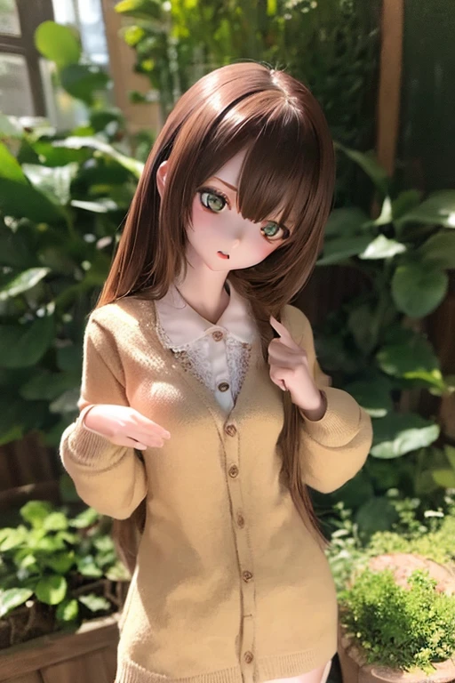 (SFW:2), photorealistic, realistic photo, ((highest quality)), ((masterpiece)), ((extremely detailed)), kukolnydom, doll, (mature woman, 21yo, 21 years old:1.6), solo, ((cowboy shot, dynamic pose, skinny, slender, slim)), green eyes, parted lips, (brown hair, looking at another, blank eyes, empty eyes, detailed eyes, detailed face:1.3), cardigan, blouse, skirt, museum, 8k