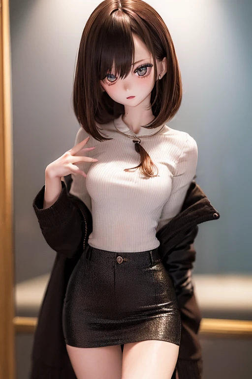 (SFW:2), photorealistic, realistic photo, ((highest quality)), ((masterpiece)), ((extremely detailed)), kukolnydom, doll, (mature woman, 21yo, 21 years old:1.6), solo, ((cowboy shot, dynamic pose, skinny, slender, slim)), green eyes, parted lips, (brown hair, looking at another, blank eyes, empty eyes, detailed eyes, detailed face:1.3), cardigan, blouse, skirt, museum, 8k