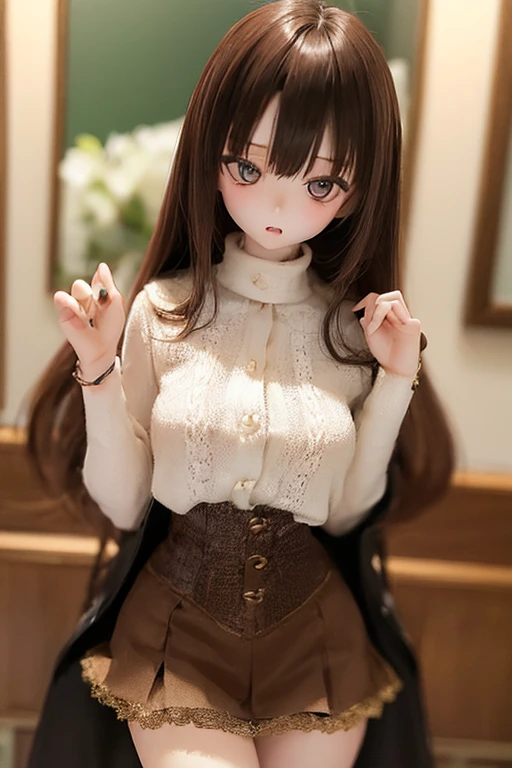 (SFW:2), photorealistic, realistic photo, ((highest quality)), ((masterpiece)), ((extremely detailed)), kukolnydom, doll, (mature woman, 21yo, 21 years old:1.6), solo, ((cowboy shot, dynamic pose, skinny, slender, slim)), green eyes, parted lips, (brown hair, looking at another, blank eyes, empty eyes, detailed eyes, detailed face:1.3), cardigan, blouse, skirt, museum, 8k