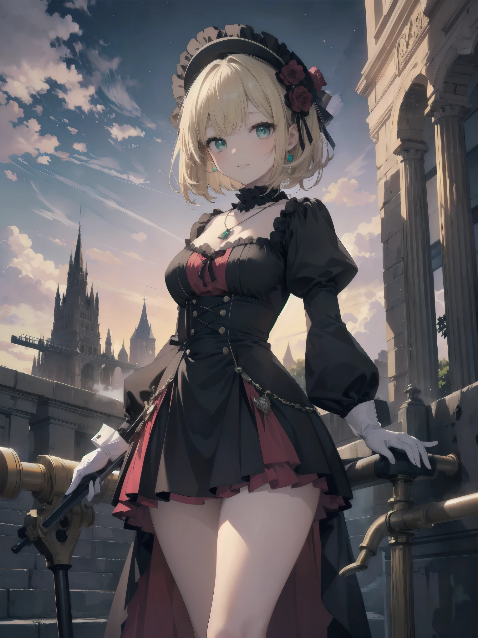 (Masterpiece:1.2), (Top quality: 1.2), Super high resolution, Very detailed,. 
BREAK.
, ((Anime girl standing with happiness in her hands)), Crazy girl, (1,Lolita,Boyish, , 12 years old: 1.3), Light smile, , Girl looking like a boy, Bob-cut hair, Shaggy hair, Very large breasts, nubile, slender body, overflowing with soft fat mass. Small hips, Vertically large eyes, Fine and beautiful eyes, Well-proportioned irises and pupils, Expressive eyes, Beautifully detailed lips, High resolution detailed hair, Perfect eyes, Perfect face, Super dense skin, Full fingers, Perfect lighting,.
 BREAK,. 
((light green necklace)), ((black and red fine dress: 1.3)), light green tie, shining sapphire, lady, wearing white gloves,. 
BREAK.
, (Steampunk), Castle balcony, Skyscraper, Night view, Equipment, Ancient ruins, Tradition, Overwhelming, Magnificent, Steam, Pipes, (Steam spewing out from pipes:1.2), Fantasy, Victorian other world, Early 19th century, Road, trees, clouds, night sky, shading, effects, detail. Masterpiece background,
BREAK.
((Positive: 1.3)),. 
BREAK.
, digital animated art, cartoon-style illustrations, cartoon illustrations