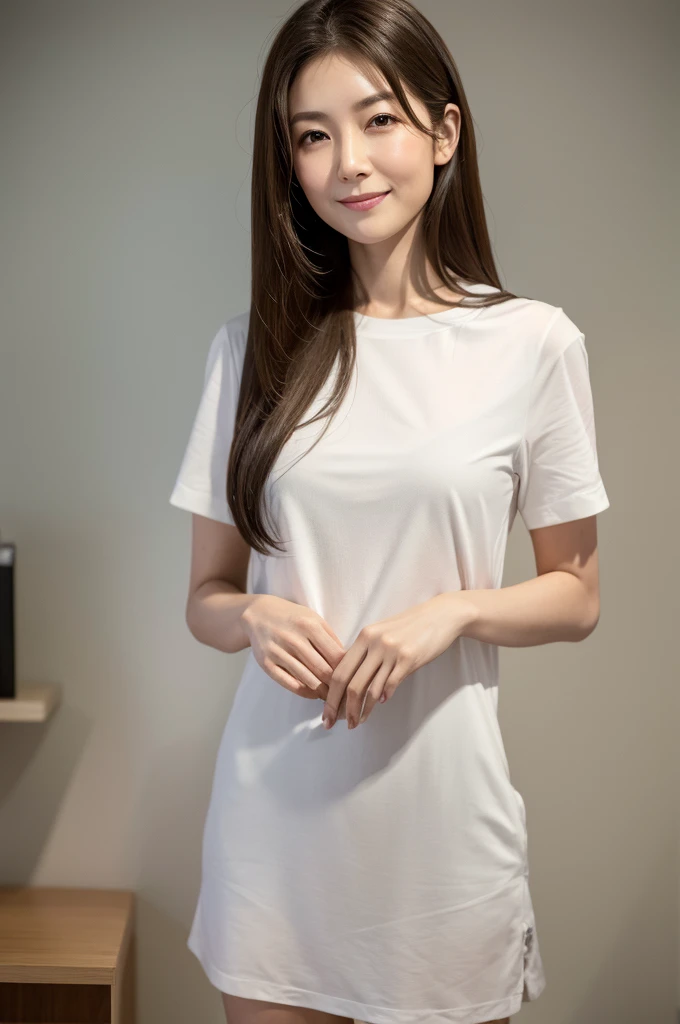 Japanese women, 40s, White background, simple背景,Long Hair、White-brown hair, Slender, 4K, 8K, High quality, Beauty products, EyesBeautiful Eyes, simple, It is high resolution.,1 person,Beautiful Skin,Beautiful Skin、Natural smile、Short sleeve、Wearing a white shirt