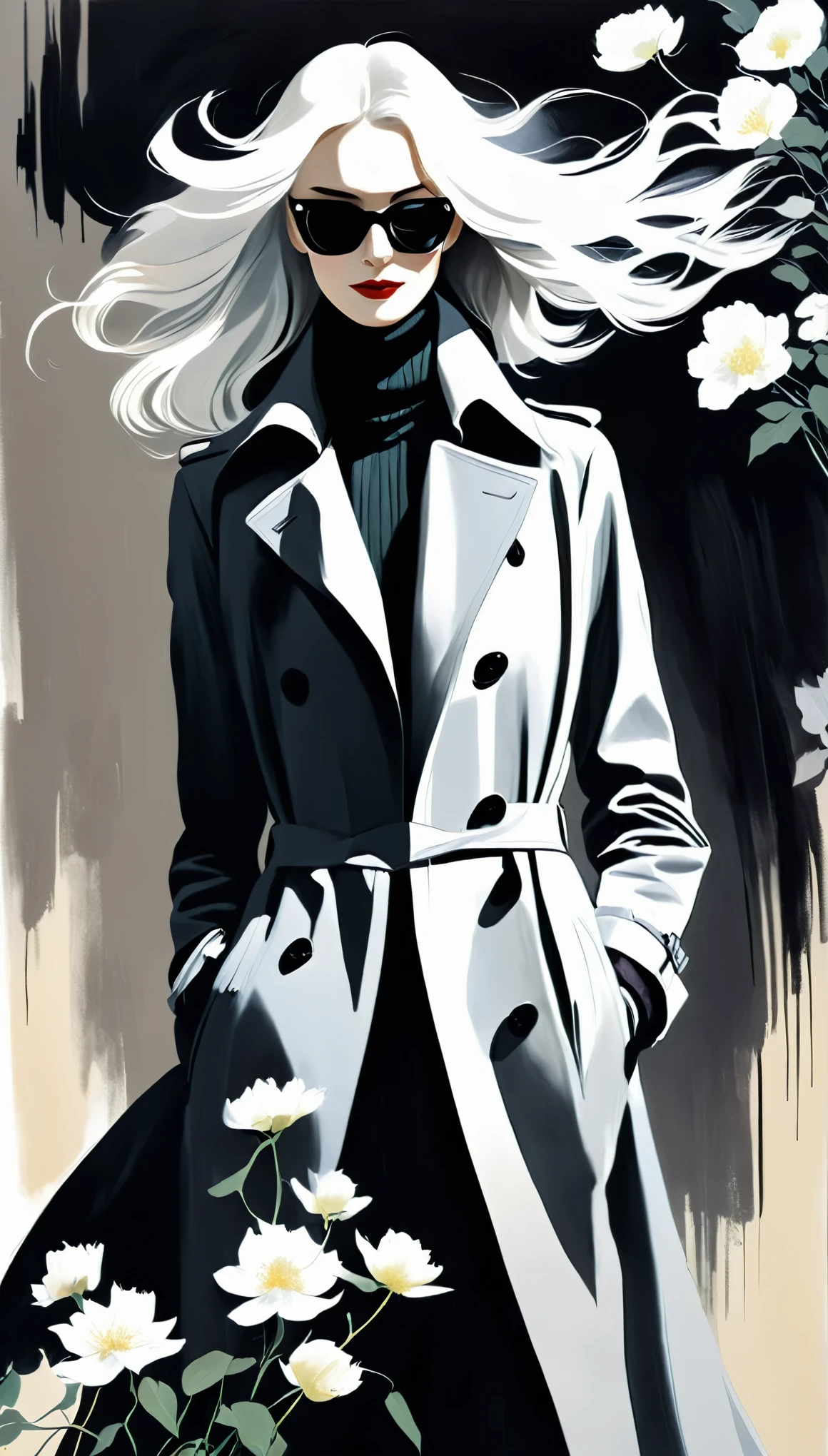 in style of Lillian Bassman,(in style of by Liu Ye:0.5),in style of Raymond Pettibon,
((masterpiece, best quality)),(illustration),(detailedLight),((Extremely exquisite and beautiful)),Character design illustration,1 Girl,Black long trench coat,White shirt,White collared flowers,Long hair,Silver long hair,Dark shadows,adjusting_scarf,print_scarf,