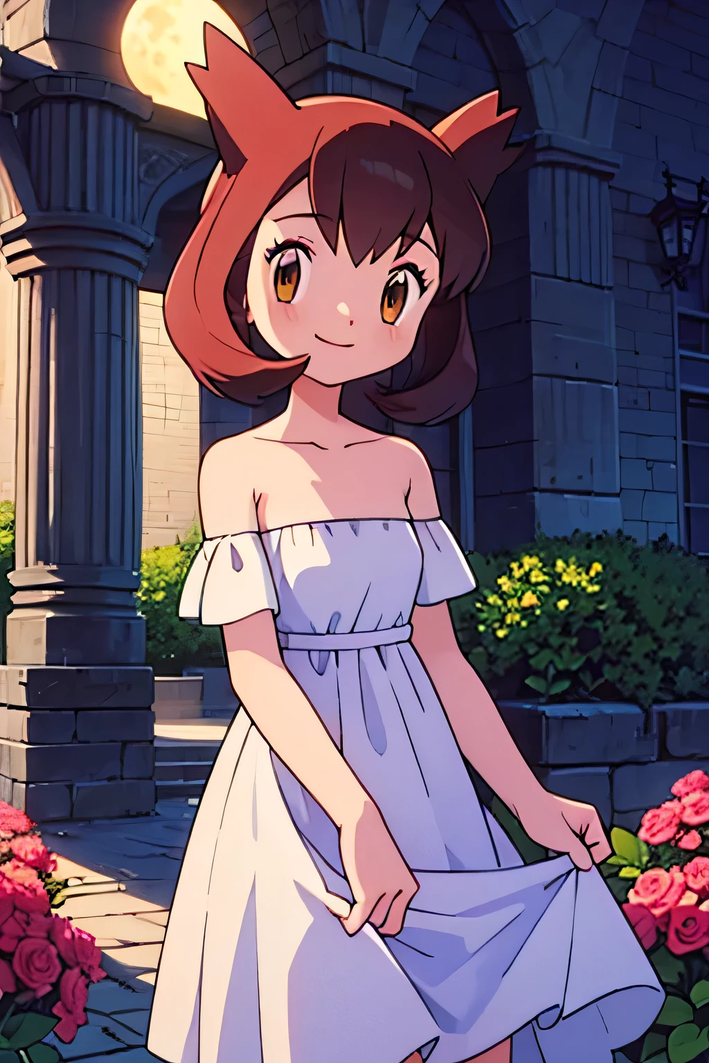 masterpiece, best quality, ultra-detailed, illustration, beautiful detailed eyes, very detailed illustration, cinematic lighting, 1 girl, solo, Pokemon Heroes (Bianca), Brown Hair, brown eyes, 1 girl, solo, bare shoulders, strapless, off shoulders, ruffle off the shoulder top, white maxi dress, intricate details, sharp focus, high resolution, the background of beautiful garden with columns, on a beautiful night, full moon, smile, standing near a water pool on the bottom, arms at sides, pink rose bushes, anime style, ultra-detailed, hdr, in the center, Close up